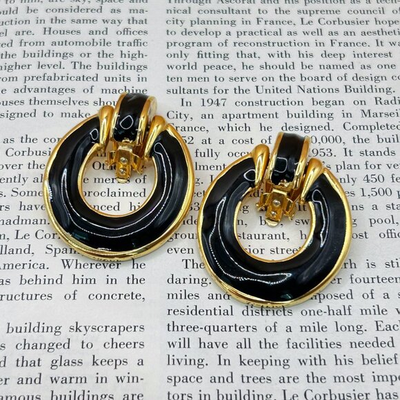 Vintage 1980s Style Statement Clip-On Earrings, Gold Tone with Black Enamel - Picture 3 of 10